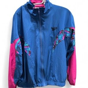 WOMENS 90'S BLUE REEBOK WINDBREAKER WITH FUNKY RETRO PATTERN SIZE‎ MEDIUM